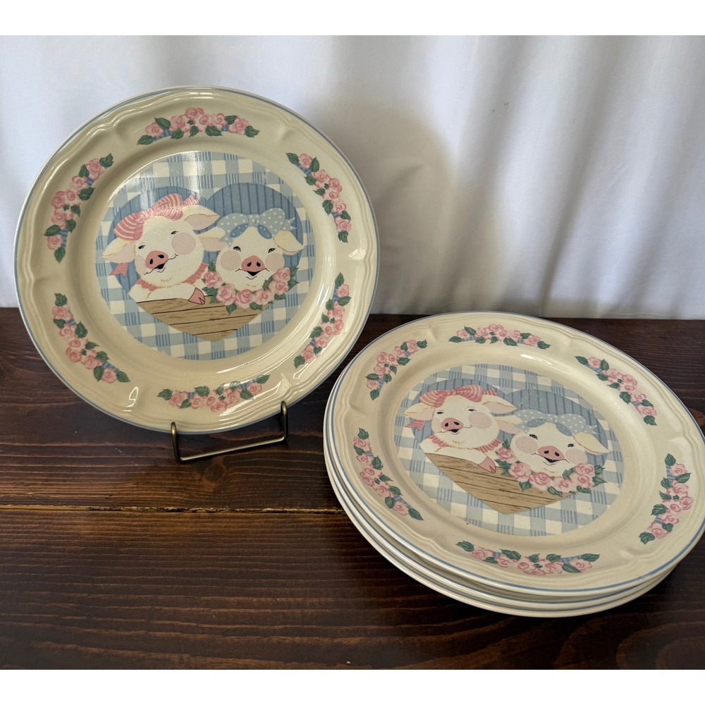 VTG Tienshan Pig Pal Dinner Plates Set of 4 Pink Floral Gingham 10.5"
